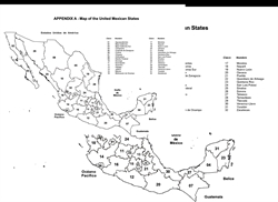 [ai] A black and white map of Mexico showing its states, labeled with their names and corresponding numbers. The map includes surrounding countries, Belize and Guatemala, as well as labels for the Pacific Ocean and the Gulf of Mexico.